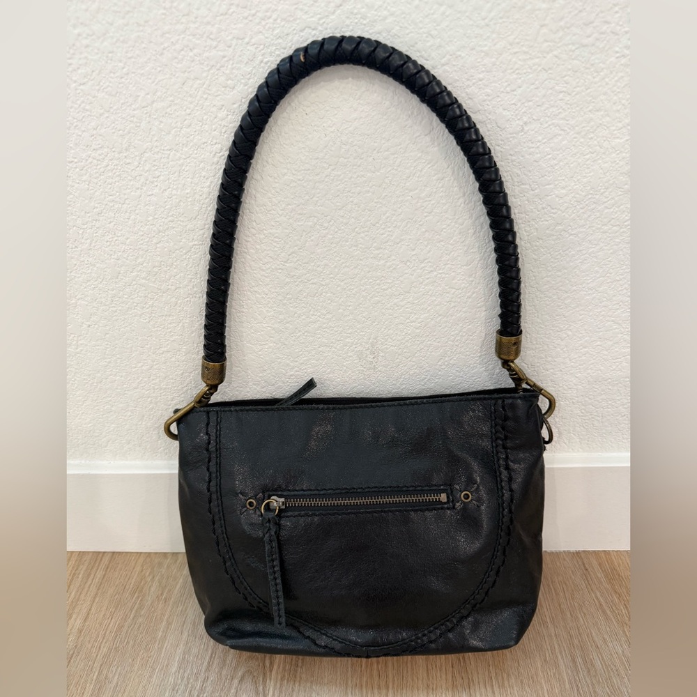 The Sak Black Leather Shoulder Bag Woven Strap Boho Hobo Purse